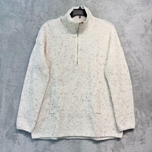 J.Crew Cream Speckled Knit Sweater turtleneck half zip kangaroo pocket Size LP